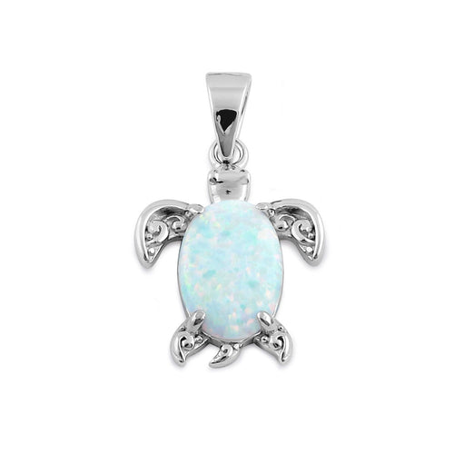 Sterling Silver White Lab Opal Filigree Sea Turtle Pendant