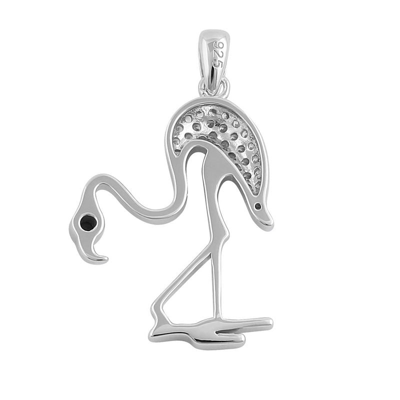 Sterling Silver Hunched Flamingo Round Cut Clear and Black CZ Pendant