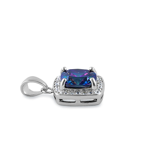 Sterling Silver Rainbow CZ Cushion Halo Pendant