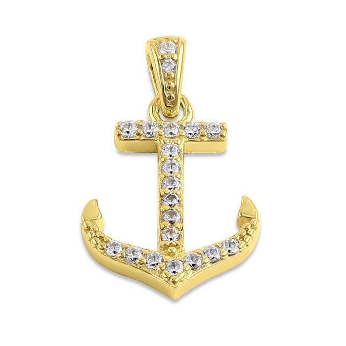 Sterling Silver Gold Plated Anchor Clear CZ Pendant