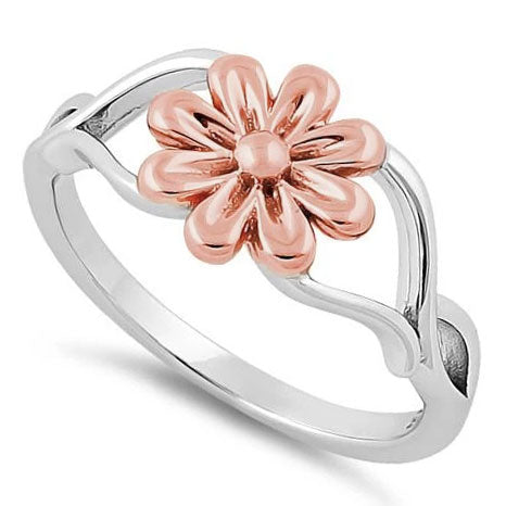 Sterling Silver Rose Gold Two Tone Daisy Flower Ring