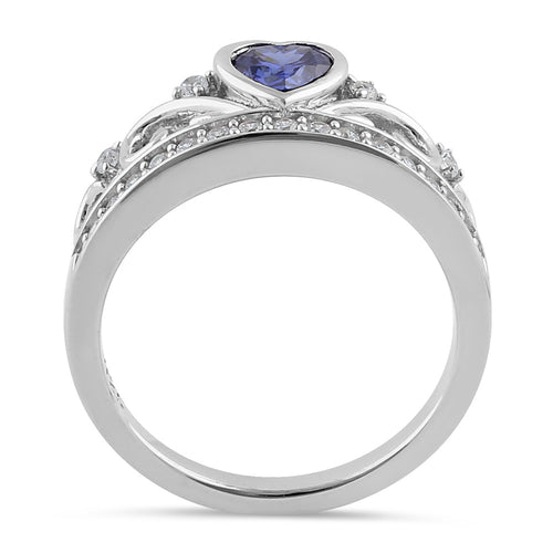 Sterling Silver Heart Crown Tanzanite CZ Ring