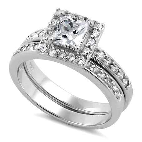 Sterling Silver Square Clear CZ Double Ring