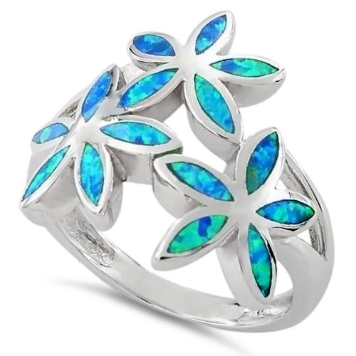 Sterling Silver Triple Plumeria Lab Opal Ring