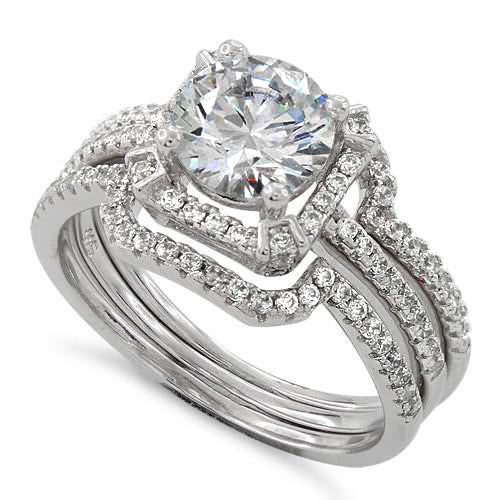 Sterling Silver Halo CZ 3-Piece Engagement Ring