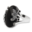 Sterling Silver Big Oval Black Onyx Floral Marcasite Ring