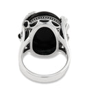 Sterling Silver Big Oval Black Onyx Floral Marcasite Ring