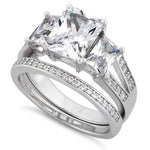 Sterling Silver 3-Stone Princess-Cut CZ Engagement Set Ring