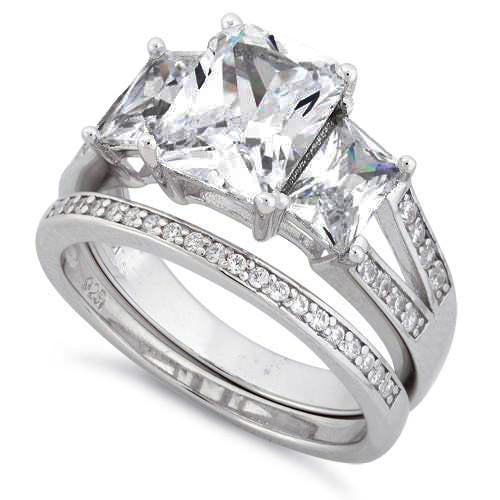 Sterling Silver 3-Stone Princess-Cut CZ Engagement Set Ring