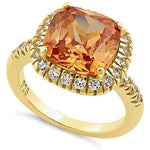 Sterling Silver Gold-Plated Halo Cushion-Cut Champagne CZ Ring