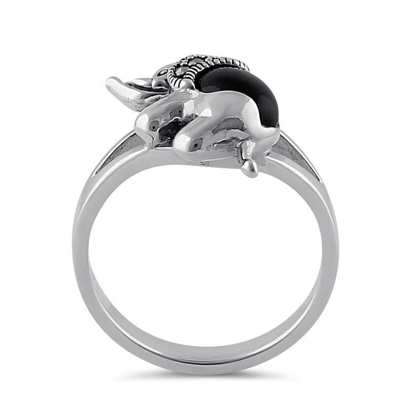 Sterling Silver Black Onyx Elephant Marcasite Ring