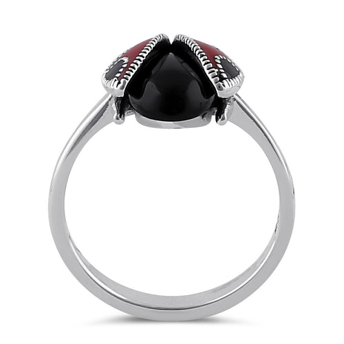 Sterling Silver Black Onyx and Enamel Ladybug Marcasite Ring