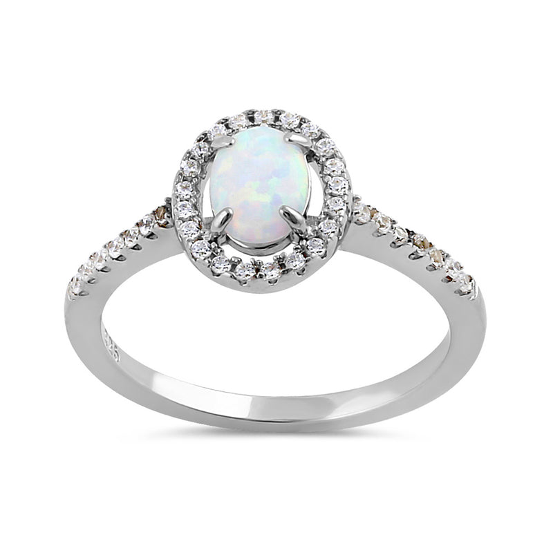 Sterling Silver White Lab Opal and Clear CZ Oval Halo Ring