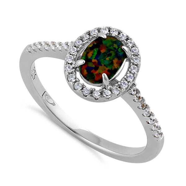 Sterling Silver Black Lab Opal and Clear CZ Oval Halo Ring