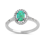 Sterling Silver Green Lab Opal and Clear CZ Oval Halo Ring