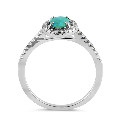 Sterling Silver Green Lab Opal and Clear CZ Oval Halo Ring
