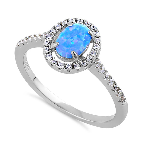 Sterling Silver Blue Lavender Lab Opal and Clear CZ Oval Halo Ring