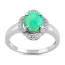 Sterling Silver Elegant Green Lab Opal Oval Flower Halo CZ Ring