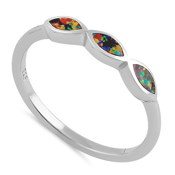 Sterling Silver Triple Marquise Black Lab Opal Ring