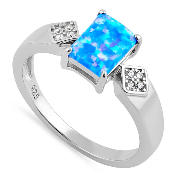 Sterling Silver Elegant Blue Lavender Lab Opal Rectangle CZ Ring