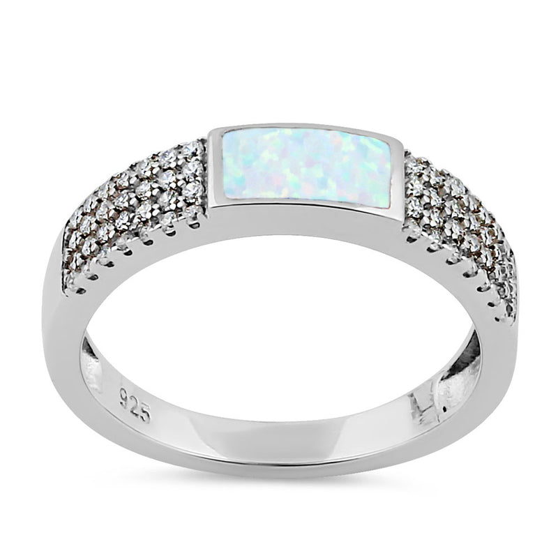 Sterling Silver White Lab Opal Center CZ Band Ring