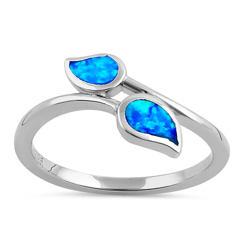 Sterling Silver Blue Lab Opal Double Leaf Wrap Ring