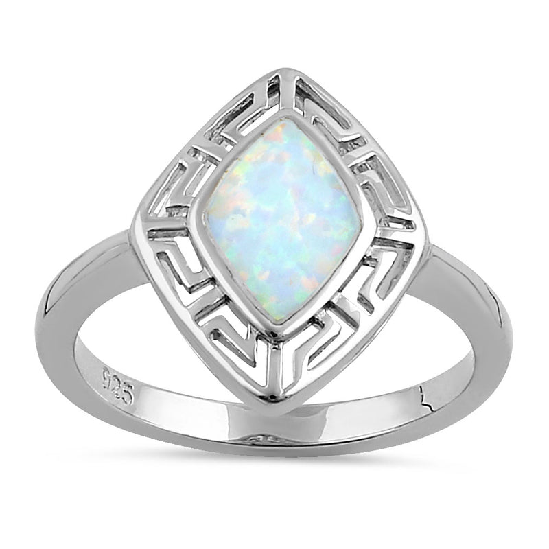 Sterling Silver White Lab Opal Greek Rhombus Ring