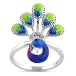 Sterling Silver Hand-Painted Royal Peacock Round Cut Clear CZ Ring