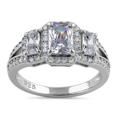 Sterling Silver 3-Stone Halo CZ Ring