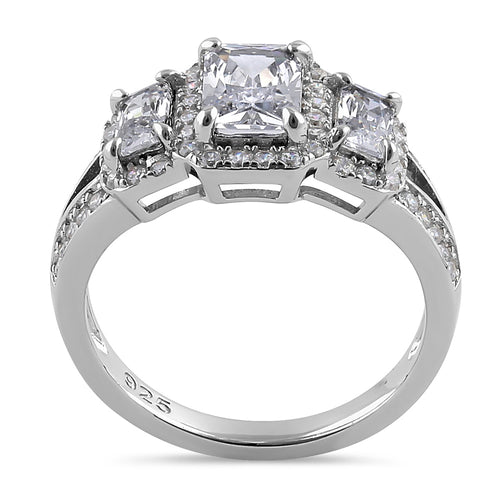 Sterling Silver 3-Stone Halo CZ Ring