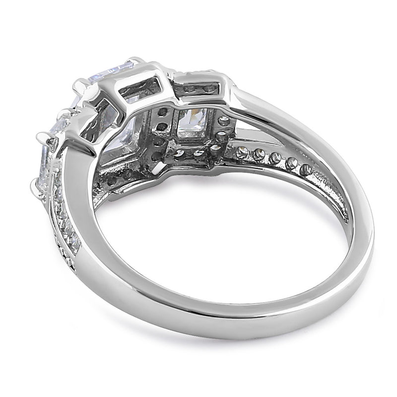 Sterling Silver Triple Rectangular Halo Clear CZ Engagement Ring