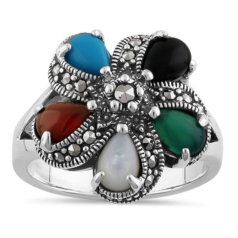 Sterling Silver Multi-Color Pear Flower Marcasite Ring