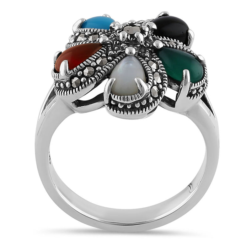 Sterling Silver Multi-Color Pear Flower Marcasite Ring