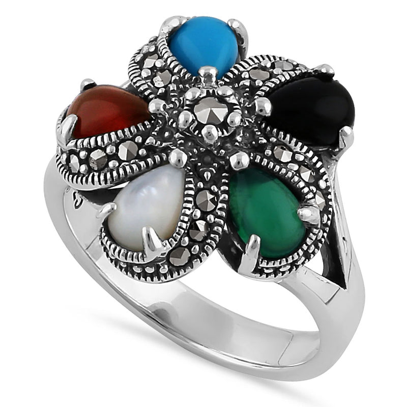 Sterling Silver Multi-Color Pear Flower Marcasite Ring