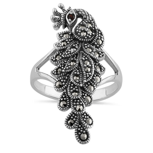 Sterling Silver Elegant Peacock Africa Garnet CZ Marcasite Ring
