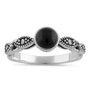 Sterling Silver Round Black Onyx Filigree Marcasite Ring