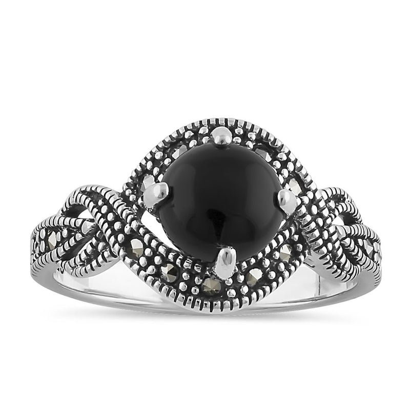 Sterling Silver Round Black Onyx Marcasite Halo Twist Ring