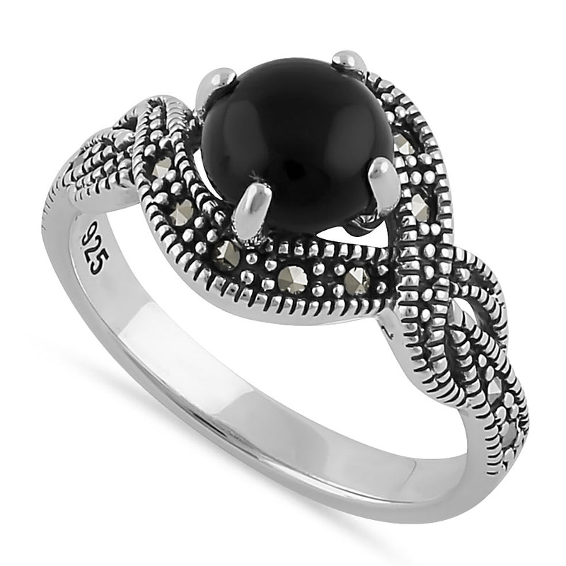 Sterling Silver Round Black Onyx Marcasite Halo Twist Ring