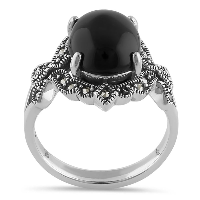 Sterling Silver Victorian Oval Black Onyx Marcasite Ring