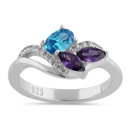 Sterling Silver Blue Topaz Oval Amethyst Marquise CZ Ring