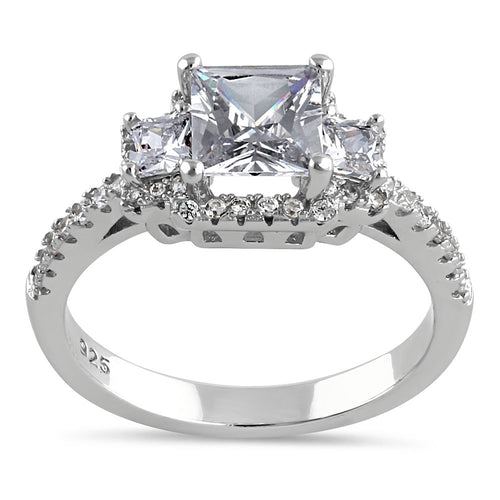 Sterling Silver Princess Cut Halo CZ Engagement Ring