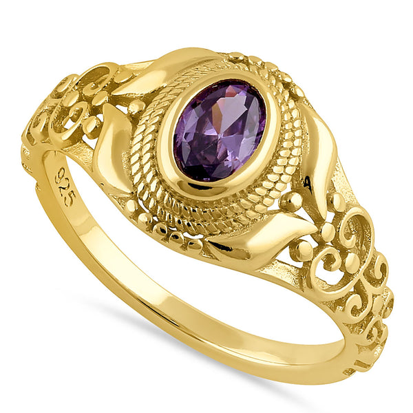 Sterling Silver Gold Plated Austere Oval Cut Amethyst CZ Ring