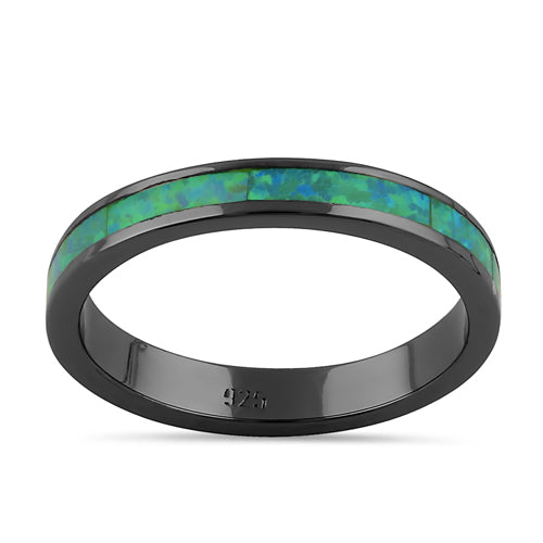 Sterling Silver Black Rhodium Plated Green Lab Opal Ring