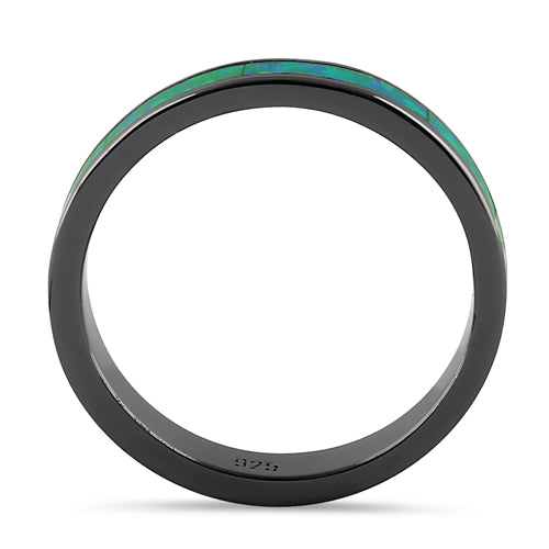 Sterling Silver Black Rhodium Plated Green Lab Opal Ring