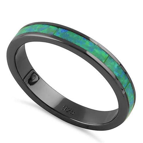 Sterling Silver Black Rhodium Plated Green Lab Opal Ring