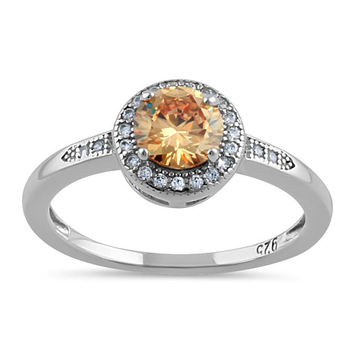 Sterling Silver Elegant Round Halo Champagne CZ Ring