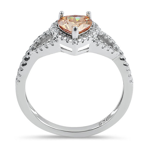Sterling Silver Heart Halo Twist Champagne CZ Ring