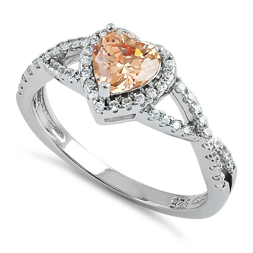 Sterling Silver Heart Halo Twist Champagne CZ Ring