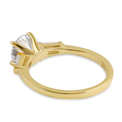 Sterling Silver Gold Plated Round and Baguette Cut Clear CZ Ring