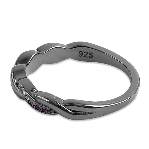 Sterling Silver Black Rhodium Plated Braided with Ruby CZ Ring